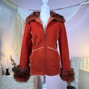 Vintage Y2K Marie Claire Faux Fur Trim Jacket – Orange/Red – Size M